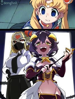  2koma 3girls absurdres artist_name bishoujo_senshi_sailor_moon black_gloves black_necktie black_skirt blonde_hair blue_eyes bongftah breasts comic commentary crossover gloves heart heart_tattoo highres hiiragi_utena horns kaijin_hime_do-s long_skirt looking_at_viewer magia_baiser mahou_shoujo_ni_akogarete mask meme midriff mouth_mask multiple_crossover multiple_girls necktie one-punch_man open_mouth purple_hair red_eyes sailor_moon sailor_moon_redraw_challenge_(meme) scared shirt skirt symbol-only_commentary tattoo tsukino_usagi twintails white_shirt yellow_horns  rating:Sensitive score:51 user:bob1159