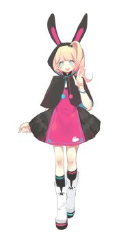  1girl absurdres animal_ear_hood animal_ears animal_print black_cloak black_dress black_socks blonde_hair blue_eyes blue_ribbon bluerancel blunt_bangs boots bracelet character_request cloak commentary_request dot_nose dress eyelashes fake_animal_ears full_body hair_ornament high_side_ponytail highres hood hood_up hooded_cloak jewelry kneehighs knees long_hair neck_ribbon open_mouth pink_ribbon pink_tabard pom_pom_(clothes) rabbit_ears rabbit_print ribbon short_dress smile socks solo standing tabard tachi-e tareme teeth transparent_background two-tone_ribbon upper_teeth_only utau v white_boots 