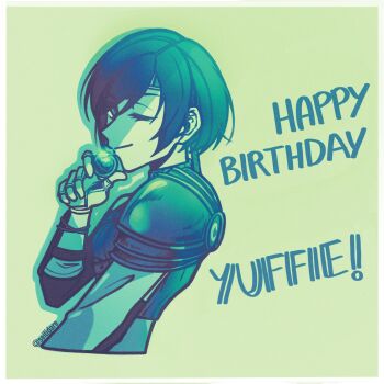  1girl armor breasts character_name closed_mouth commentary cropped_sweater detached_sleeves english_commentary final_fantasy final_fantasy_vii final_fantasy_vii_remake fingerless_gloves from_side glint gloves green_background green_theme happy_birthday highres holding looking_at_viewer maid_headdress materia one_eye_closed seilidare short_hair shoulder_armor simple_background single_bare_shoulder single_detached_sleeve sleeveless sleeveless_turtleneck small_breasts solo sweater turtleneck turtleneck_sweater upper_body yuffie_kisaragi 