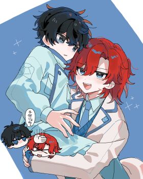  >_< 2boys :d :p bags_under_eyes black_hair blue_eyes blue_jacket blue_necktie blue_pants blue_shirt blue_sweater blush carrying carrying_person chibi chibi_inset child_carry coat collared_shirt commentary_request dress_shirt hair_between_eyes half_updo highres hyoutenka_30-do_no_zetsubou jacket kuchinashi_dabi lapels male_focus medium_hair mole mole_under_eye multiple_boys necktie open_mouth ozui_(ozuizui) pants red_hair shirt short_hair smile sweater tongue tongue_out tonimura_yui translation_request v-neck white_coat 