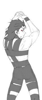  1boy 1girl alternate_costume armlet arms_up ass black_hair cosplay from_behind hair_slicked_back highres hot_limit jewelry leodot looking_at_viewer male_focus michael_roa_valdamjong monochrome muscular muscular_male nishikawa_takanori nishikawa_takanori_(cosplay) red_eyes sweat t.m.revolution tsukihime tsukihime_(remake) vampire 