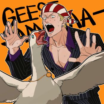  1boy animalization bandana billy_kane bird black_suit blonde_hair blue_eyes blue_sclera collarbone collared_shirt colored_sclera earrings fatal_fury formal_clothes geese_howard gold_necklace goose highres jewelry long_sleeves looking_at_animal male_focus muscular muscular_male necklace official_alternate_costume open_mouth orange_background partially_unbuttoned pectoral_cleavage pectorals person_and_animalization plasticcero99 purple_shirt shirt short_hair simple_background striped_suit suit surprised sweat the_king_of_fighters 