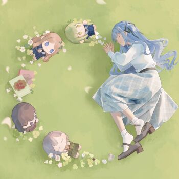  1girl absurdres aria_island bang_dream! bang_dream!_it's_mygo!!!!! black_ribbon black_shoes blue_hair character_doll chinese_commentary closed_eyes commentary_request crychic_(bang_dream!) doll flower from_above full_body grass grey_skirt hair_ribbon haneoka_school_uniform highres if_happiness_is_a_circle_(meme) long_hair long_sleeves lying meme nagasaki_soyo on_ground on_side ribbon school_uniform shiina_taki shirt shoes sidelocks skirt socks stuffed_toy takamatsu_tomori togawa_sakiko tsukinomori_school_uniform two_side_up wakaba_mutsumi white_flower white_shirt white_socks 