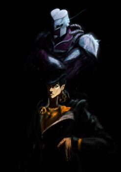  1boy 1other absurdres black_background black_hair black_jacket blue_eyes commentary crain1art crazy_diamond diamond_wa_kudakenai eye_trail gakuran hand_on_own_hip heart higashikata_josuke highres jacket jojo_no_kimyou_na_bouken light_trail long_sleeves looking_at_viewer peace_symbol pompadour school_uniform simple_background stand_(jojo) 