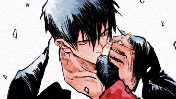  2boys black_gloves black_hair black_jacket closed_eyes commentary_request fingerless_gloves gloves hand_on_another's_hand jacket kiss kissing_hand layered_sleeves long_sleeves male_focus multiple_boys nicholas_d._wolfwood out_of_frame oxalicacid23 shirt short_hair trigun vash_the_stampede white_background white_shirt yaoi 