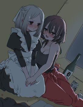  2girls :d beer_can black_tank_top blush bonnouji_momoha bottle braid breasts brown_hair can cleavage clothes_around_waist commentary drink_can fang frown gradient_hair grey_hair hair_between_eyes half_up_braid highres indoors jacket jacket_around_waist juliet_sleeves kimi_no_koto_ga_dai_dai_dai_dai_daisuki_na_100-nin_no_kanojo kuchiha_chiru3 large_breasts long_sleeves looking_at_another maid medium_hair meido_mai multicolored_hair multiple_girls nose_blush open_mouth pants parted_bangs puffy_sleeves red_jacket red_pants sake_bottle short_hair smile tank_top tent_interior v_arms yuri 