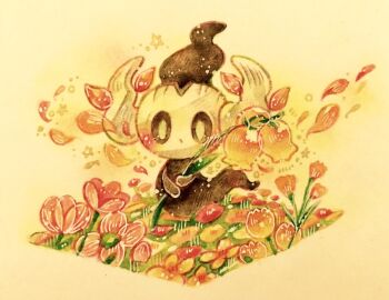  blush commentary_request flower flower_request full_body gen_6_pokemon holding holding_flower looking_at_viewer nintendo no_humans orange_flower painting_(medium) phantump pink_flower pokemon pokemon_(creature) sandersonia_(flower) solo traditional_media watercolor_(medium) white_eyes yukichi_0611 
