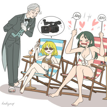  >_< 1boy 2girls barefoot beach_chair bikini black_bow black_bowtie black_jacket black_pants blonde_hair blush bow bowtie breasts brown_bikini butler cleavage commentary_request cosmetics facial_hair flat_chest green_hair grey_hair heart highres himejoshi hoshizora_no_shita jacket long_hair mature_male medium_breasts medium_hair multiple_girls mustache nail_polish nail_polish_bottle open_mouth original pants pink_nails sandals scorecard sunglasses swimsuit toenail_polish toenails tuxedo video_camera white_bikini 