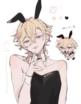  1boy alternate_costume animal_ears ao_hs0 aventurine_(honkai:_star_rail) blonde_hair chibi chibi_inset colored_eyebrows commentary_request fake_animal_ears hand_up heart highres honkai:_star_rail honkai_(series) looking_at_viewer male_playboy_bunny multicolored_eyes open_mouth rabbit_ears tongue tongue_out translation_request white_background 