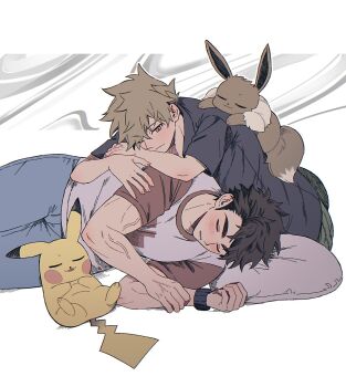  2boys black_shirt blue_oak blue_pants blush brown_eyes closed_eyes commentary_request crew_neck denim eevee gen_1_pokemon green_pants highres jeans looking_at_another looking_to_the_side lying male_focus multiple_boys nintendo on_person on_side one_eye_closed pants parted_bangs pikachu pillow pk_rgr96 pokemon pokemon_(creature) pokemon_sm raglan_sleeves red_(pokemon) shirt sideways_glance sleeping t-shirt 