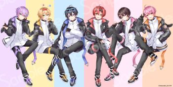  6+boys :d ahoge antenna_hair antennae black_gloves black_hair black_headband black_pants black_shirt black_shoes blonde_hair blue_background blue_eyes blue_jacket brown_hair center-flap_bangs chocolate_rabbits closed_mouth color_coordination column_lineup_background copyright_notice crossed_arms crossed_legs double-parted_bangs eyewear_on_head fake_antennae fenikuro figure_four_sitting fingerless_gloves full_body gloves green_eyes grin hair_between_eyes hair_ornament hairband hairclip hand_to_own_mouth headband highres invisible_chair jacket jacket_on_shoulders kani-chan kneepits knees_together_feet_apart lapels lineup looking_at_viewer maitake_(chocolate_rabbits) male_focus matching_outfits multicolored_jacket multiple_boys notched_lapels offering_hand official_art open_clothes open_jacket open_mouth orange_background orange_eyes orange_jacket pants pink_background pink_eyes pink_hair pink_jacket pokekamen purple_background purple_eyes purple_hair purple_jacket rabbit_hair_ornament red_background red_eyes red_hair red_hairband red_jacket sakura-kun sakura_moyon sample_watermark shirt shoes short_hair sitting smile sneakers star_(symbol) star_hair_ornament sunglasses thigh_strap two-sided_fabric two-sided_jacket two-tone_jacket undershirt v v-shaped_eyebrows watermark white_jacket white_shirt yellow_background yellow_jacket yupekun zipper_pull_tab 