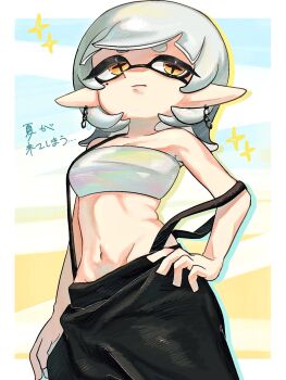  1girl baggy_pants blue_background blunt_bangs earrings gradient_background grey_hair groin hand_on_own_hip hanmenmi0_0 inkling jewelry looking_to_the_side marie_(splatoon) marie_(summer_nights)_(splatoon) mole mole_under_eye navel nintendo off_shoulder pants pointy_ears solo splatoon_(series) splatoon_3 strapless suspenders sweatpants tentacle_hair tube_top yellow_background yellow_eyes  rating:Sensitive score:2 user:HomeStruck