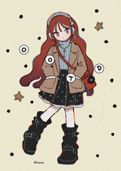  1girl artist_name bag blue_eyes boots brown_eyes commentary crossbody_bag english_commentary fishnet_pantyhose fishnets full_body gradient_hair hands_in_pockets headphones highres jacket jewelry long_hair long_sleeves looking_to_the_side milkghost124 multicolored_hair necklace open_clothes open_jacket original pantyhose polka_dot polka_dot_background polka_dot_skirt shoulder_bag skirt smile star_(symbol) star_necklace sweater turtleneck turtleneck_sweater very_long_hair 