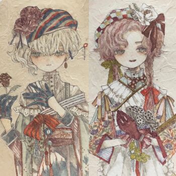  2girls acrylic_paint_(medium) ascot beret blue_eyes blush bow braid brown_eyes brown_gloves closed_mouth commentary_request curly_hair dress earrings expressionless flower gloves grey_hair hair_between_eyes hair_flower hair_ornament hat high_collar highres holding holding_flower jewelry karintoun lace lily_pad long_hair long_sleeves lotus_pod multiple_girls necklace open_mouth original painting_(medium) pink_hair plant ribbon short_hair smile straight-on striped_hat traditional_media upper_body watercolor_(medium) 