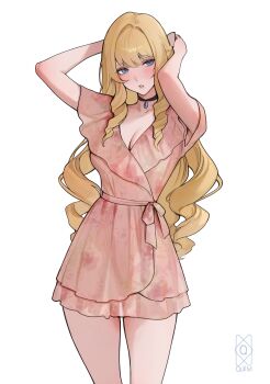  1girl absurdres adjusting_hair alternate_costume arms_behind_head arms_up black_choker blonde_hair blue_eyes breasts choker cleavage dress drill_hair drill_sidelocks floral_print genshin_impact highres long_hair medium_breasts navia_(genshin_impact) parted_lips pink_dress quilm sidelocks simple_background solo standing white_background  rating:Sensitive score:26 user:danbooru