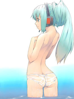  1girl akinbo_(hyouka_fuyou) aqua_eyes aqua_hair arched_back ass back blue_eyes blue_hair butt_crack female_focus hatsune_miku headset long_hair matching_hair/eyes panties see-through_clothes solo topless_female underwear underwear_only vocaloid water wet  rating:Questionable score:38 user:danbooru