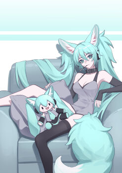  1girl absurdres animal_ear_fluff animal_ears aqua_eyes aqua_hair aqua_nails bare_shoulders black_thighhighs bottomless breasts closed_mouth commentary couch english_commentary food food_in_mouth fox_ears fox_girl fox_tail grey_shirt groin hair_between_eyes hatsune_miku headphones highres kemonomimi_mode long_hair looking_at_viewer medium_breasts meng_xi_xuan nail_polish on_couch pillow pocky pocky_in_mouth shirt single_thighhigh sitting smile solo stuffed_toy tail thighhighs twintails vocaloid 