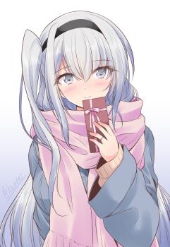  1girl alternate_costume blush box breasts coat commentary_request fuyutsuki_(kancolle) gift gift_box gradient_background grey_background grey_eyes grey_hair hachimaki hair_between_eyes headband highres jewelry kantai_collection large_breasts long_hair looking_at_viewer one_side_up pink_scarf ring scarf shizuna_kaede smile solo wedding_ring 