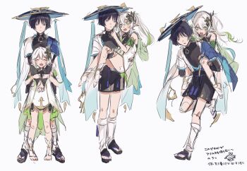  1boy 1girl aranara_(genshin_impact) armlet asymmetrical_sidelocks bare_shoulders behind_another black_bodysuit black_sandals black_shorts blue_cape blue_hat blue_sleeves blush bodysuit cape carrying cheek_poking closed_eyes commentary_request couple covered_collarbone cross-shaped_pupils detached_sleeves dress facing_viewer furisode genshin_impact gold gold_trim green_cape green_dress green_eyes green_hair green_sleeves hair_between_eyes hair_intakes hand_on_another's_back hand_on_another's_head hand_on_another's_shoulder hand_on_another's_thigh hands_on_another's_stomach hands_up happy hat height_difference hetero highres holding_another's_arm index_finger_raised japanese_clothes jewelry jingasa kimono layered_sleeves leaning_to_the_side leg_warmers long_hair looking_at_another looking_to_the_side mandarin_collar multicolored_hair multiple_views nahida_(genshin_impact) onigiri_po_0205 open_mouth piggyback pointy_ears poking princess_carry sandals scaramouche_(genshin_impact) short_sleeves shorts shoulder_peek side_ponytail sidelocks sketch socks standing stirrup_footwear stirrup_legwear streaked_hair symbol-shaped_pupils tassel toeless_legwear toeless_socks toes translation_request two-sided_dress two-sided_fabric unfinished wanderer_(genshin_impact) white_background white_dress white_hair white_leg_warmers white_sleeves white_socks zouri 