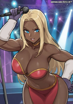  1girl arm_up artist_name black_gloves blonde_hair blue_eyes breasts dark-skinned_female dark_skin gen_1_pokemon gloves gyaru holding holding_microphone indoors jynx kogal large_breasts leaning_forward long_hair microphone navel nintendo pelvic_curtain personification pokemon purple_gloves redjet solo stadium stadium_lights stage_lights teeth very_long_hair watermark web_address  rating:Sensitive score:47 user:danbooru