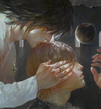  2boys absurdres adam's_apple alternate_universe black_apple black_hair brown_hair chain chain_necklace closed_eyes closed_mouth commentary_request covering_another's_eyes death_note fieroo fingernails highres jewelry kissing_head l_(death_note) lips long_sleeves male_focus multiple_boys necklace nose ring shirt short_hair white_shirt yagami_light 