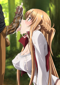  1boy 1girl agil asuna_(sao) blurry blush bottomless braid breasts censored cleavage covered_erect_nipples cum cum_on_body cum_on_clothes dark-skinned_male dark_skin depth_of_field erection explorador_sei faceless faceless_male facial fellatio forest from_side hetero interracial licking licking_penis long_hair medium_breasts mosaic_censoring nature oral outdoors penis public_indecency shiny_skin shirt sweat sword_art_online tree veins veiny_penis vest white_shirt  rating:Explicit score:131 user:DarthDaniel96