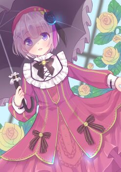  1girl absurdres black_bow black_bowtie black_flower black_rose black_umbrella blunt_bangs blurry blurry_background blush bow bowtie commentary_request cowboy_shot dress dress_bow dutch_angle flower frilled_dress frilled_umbrella frills grey_hair hair_flower hair_ornament haru_meguru hat heaven_burns_red highres holding holding_umbrella leaf long_sleeves looking_at_viewer minase_sumomo official_alternate_costume open_mouth parasol puffy_long_sleeves puffy_sleeves purple_eyes red_dress red_hat rose short_hair skirt_hold solo tareme umbrella under_umbrella x_hair_ornament yellow_flower yellow_rose 