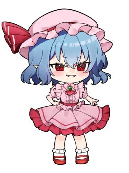 1girl ascot bat_wings blue_hair blush brooch chibi chibi_only collared_shirt commentary_request frilled_shirt_collar frills full_body hair_between_eyes hat hat_ribbon highres jewelry mary_janes medium_hair mob_cap mokou_cooking pink_hat pointy_ears puffy_short_sleeves puffy_sleeves red_ascot red_eyes red_shoes remilia_scarlet ribbon shirt shoes short_sleeves simple_background skirt skirt_set socks solo touhou white_background white_socks wings 