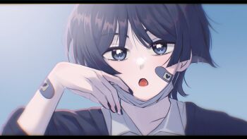  1boy bandaid bandaid_on_face black_hair black_nails blunt_ends blush churuyam collarbone collared_shirt commentary finger_to_mouth genshin_impact hair_between_eyes highres japanese_clothes looking_at_viewer male_focus mask mask_pull mouth_mask nail_polish open_mouth purple_eyes scaramouche_(genshin_impact) shirt simple_background solo untranslatable_commentary 