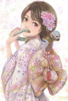 1girl animal animal_on_shoulder black_hair chinese_zodiac commentary_request covered_mouth floral_print floral_print_kimono flower from_behind hair_flower hair_ornament highres japanese_clothes kanzashi kimono long_sleeves looking_back looking_to_the_side mamoru_(mamoru_jinja) original pink_flower pink_kimono print_kimono short_hair solo swept_bangs upper_body wide_sleeves year_of_the_monkey yukata 