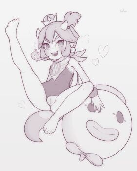  1girl artist_name bandana bandana_around_neck bare_shoulders barefoot blush bowsette_jr. bracelet breath breath_weapon breathing_fire cleft_of_venus clothing_aside covered_navel crown earrings female_focus fingernails fire flat_chest forked_eyebrows grey_background greyscale hair_tie happy heart highres horns jewelry kekitopu kneepits koopa_clown_car leg_up legs leotard leotard_aside lizard_tail loli looking_at_viewer mario_(series) mini_crown monochrome new_super_mario_bros._u_deluxe nintendo one_side_up open_mouth pussy sharp_fingernails sharp_teeth short_hair sidelocks signature simple_background smile solo spread_legs super_crown tail teeth thighs third-party_source tongue uncensored v-shaped_eyebrows 