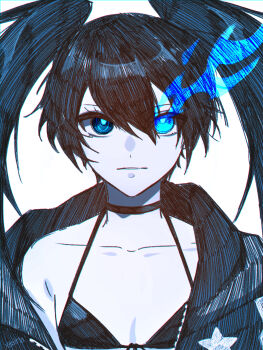  1girl absurdres bikini bikini_top_only black_bikini black_choker black_hair black_jacket black_rock_shooter black_rock_shooter_(character) blue_eyes choker collarbone flat_chest front-tie_bikini_top front-tie_top glowing glowing_eye highres jacket long_hair looking_at_viewer no_shirt open_clothes open_jacket pale_skin parted_lips simple_background solo swimsuit twintails upper_body white_background xestria 