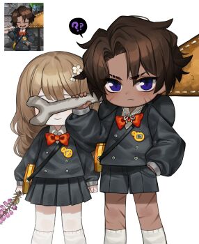  1boy 1girl 1mingk ? aged_down black_shirt black_skirt bow bowtie brown_hair catherine_(project_moon) child closed_mouth commentary covered_eyes dark-skinned_male dark_skin eyebrow_cut fang fang_out flower game_screenshot_inset heathcliff_(project_moon) highres holding holding_flower holding_weapon limbus_company limbus_kindergarten_uniform long_hair looking_at_viewer pleated_skirt project_moon purple_eyes purple_flower red_bow red_bowtie screenshot_inset shirt simple_background skirt socks spoken_question_mark standing untranslatable_commentary v-shaped_eyebrows violet_(flower) weapon white_background white_socks 