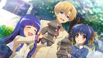  1boy 2girls artist_request blonde_hair blue_coat blue_eyes blue_hair blunt_bangs brown_jacket clannad closed_eyes coat crossover doguu emblem furude_rika game_cg hair_ribbon highres higurashi_no_naku_koro_ni higurashi_no_naku_koro_ni_mei hikarizaka_private_high_school_uniform holding jacket long_hair long_sleeves multiple_girls necktie non-web_source official_art open_mouth otudoors red_eyes red_necktie ribbon school_uniform shirt smile sparkle sunohara_mei sunohara_youhei sweatdrop tree twintails white_shirt yellow_ribbon 