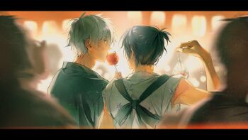  2boys blue_lock candy_apple commentary_request crowded eating eye_contact festival fish food fudan_714wks goldfish high_ponytail highres looking_at_another mikage_reo multiple_boys nagi_seishirou ponytail purple_hair short_hair white_hair yaoi 