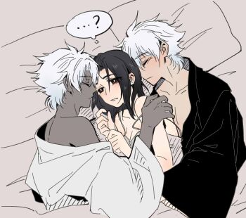  1girl 2boys black_robe bleach bleach:_sennen_kessen-hen boy_sandwich breasts camisole cleavage commentary dark-skinned_male dark_skin dual_persona english_commentary grey_camisole grey_robe hair_down hetero highres hitsugaya_toushirou kurosaki_karin lying medium_breasts multiple_boys on_side pillow robe sandwiched silegesi speech_bubble strap_slip thought_bubble very_dark_skin waking_up white_hair zombie_(bleach) 