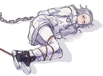  1boy aotsuki_eito black_shoes bound bound_legs bound_wrists chain commentary danganronpa_(series) danganronpa_2:_goodbye_despair english_commentary expressionless glasses gloves grey_hair highres jacket khee looking_at_viewer lying male_focus on_side pants purple_eyes scene_reference shadow shoes short_hair sketch solo the_hundred_line_-last_defense_academy- twitter_username white_background white_jacket white_pants 