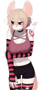  1girl absurdres bare_shoulders black_choker black_gloves black_shorts blonde_hair breasts choker commentary english_commentary fingerless_gloves gloves highres large_breasts mouse_girl navel original red_gloves short_hair shorts solo stomach striped_clothes striped_thighhighs thighhighs torn_clothes torn_thighhighs yoako 