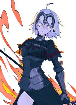  1girl ahoge armored_corset artist_name black_corset corset couter cowboy_shot fate/grand_order fate_(series) fire frown gauntlets glaring highres holding holding_behind_back holding_polearm holding_polearm_behind_back holding_weapon holding_weapon_behind_back jeanne_d'arc_alter_(fate) ki_wa001 looking_at_viewer polearm short_hair solo weapon white_background white_hair yellow_eyes 