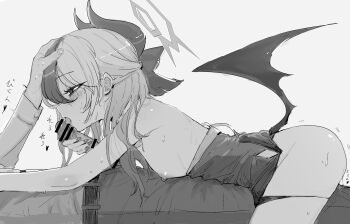 1girl bare_arms bare_back bare_shoulders blue_archive blush bow demon_girl demon_horns demon_wings dokunasubi dress fellatio from_side greyscale hair_bow hand_on_another's_head highres horns kayoko_(blue_archive) kayoko_(dress)_(blue_archive) licking licking_penis monochrome multicolored_hair nipples no_bra official_alternate_costume official_alternate_hairstyle open_mouth oral panties pants panty_pull penis shirt single_wing underwear wings rating:Explicit score:92 user:danbooru