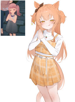  1girl :q animal_ears belt blush bow casual closed_mouth dress ear_bow ear_ornament game_screenshot_inset half-closed_eyes heart_belt_buckle highres horse_ears horse_girl horse_tail loli long_hair long_sleeves looking_at_viewer mayano_top_gun_(casual)_(umamusume) mayano_top_gun_(umamusume) multiple_girls naughty_face orange_eyes orange_hair own_hands_together palms_together photo-referenced pinafore_dress plaid plaid_clothes plaid_dress plaid_skirt reference_inset shirt simple_background skirt sleeveless sleeveless_dress sleeves_past_wrists smile sparkle standing tail tongue tongue_out twintails two_side_up umamusume white_background white_belt white_shirt xaea_xp yellow_dress 