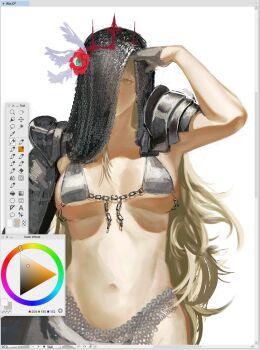  1girl absurdres aia_amare alternate_costume arm_up armor aventail bikini bikini_armor blonde_hair breasts breasts_apart chain chainmail clip_studio_paint clip_studio_paint_(medium) closed_mouth commentary english_commentary eyeball feathered_wings flower fluffy_hair front-tie_bikini_top front-tie_top gloves green_eyes grey_bikini grey_gloves grey_sarong hair_between_eyes hair_flower hair_ornament head_wings highres large_breasts light_smile long_hair looking_at_viewer micro_bikini navel nijisanji nijisanji_en one_eye_covered pauldrons pix_von plump red_flower red_rose red_tiara rerebrace rose round_eyewear salute sarong screencap semi-rimless_eyewear shoulder_armor single_head_wing solo stomach straight-on string_bikini swimsuit tiara under-rim_eyewear upper_body very_long_hair virtual_youtuber white_background white_wings wings 