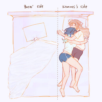  2girls absurdres barefoot black_shorts blue_hair blue_shorts blush boros_(ouro_kronii) breasts brown_hair closed_eyes commentary cuddling dotted_line english_commentary english_text highres hololive hololive_english hydroxyl large_breasts long_hair multicolored_hair multiple_girls nanashi_mumei on_bed ouro_kronii pillow shirt shorts toes twintails two-tone_hair virtual_youtuber white_shirt yuri 