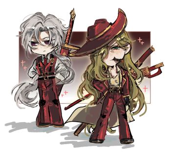  1boy 1girl arms_behind_back belt black_gloves blonde_hair chibi cigar collared_shirt full_body gloves green_eyes hair_over_one_eye hat highres limbus_company long_hair lucio_(project_moon) necktie parade_rest project_moon purple_eyes red_hat red_necktie red_vest shirt smoking suspenders sword valencina_(project_moon) vest weapon white_shirt yishang20080516 