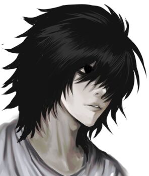  1boy black_eyes black_hair commentary_request death_note hair_over_one_eye humbucker_7 korean_commentary l_(death_note) male_focus one_eye_covered parted_bangs parted_lips shirt simple_background solo white_background white_shirt 