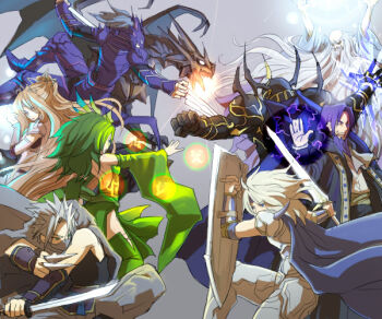  1990s_(style) 2girls 6+boys armor arms_up bahamut_(final_fantasy) beard blonde_hair bluegun cain_highwind cape cecil_harvey coat detached_sleeves dragon edward_geraldine facial_hair final_fantasy final_fantasy_iv fusoya golbez green_hair grey_hair helmet kluya kunai long_hair magic multiple_boys multiple_girls one_eye_closed open_mouth ponytail purple_hair retro_artstyle riding robe rosa_farrell rydia_(ff4) shield short_hair shoulder_pads squatting sword thighhighs tiara trench_coat weapon white_hair wink 