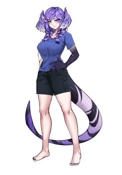 1girl absurdres asymmetrical_arms barefoot black_nails black_shorts blue_eyes blue_shirt braid breasts casual closed_mouth commentary english_commentary full_body hands_on_own_hips head_wings heterochromia highres large_breasts long_hair looking_at_viewer n0reception nijisanji nijisanji_en purple_eyes purple_hair selen_tatsuki shirt short_sleeves shorts simple_background slit_pupils smile solo standing tail twin_braids virtual_youtuber white_background wings