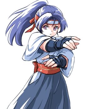  1girl absurdres alternate_eye_color blue_gloves blue_hair blue_hakama dougi elbow_gloves female_focus fingerless_gloves gloves hakama hakama_skirt headband highres ikaringo_(ikaringo4444) japanese_clothes looking_at_viewer obi ponytail purple_eyes ryuuko_no_ken sash skirt snk solo the_king_of_fighters todoh_kasumi 