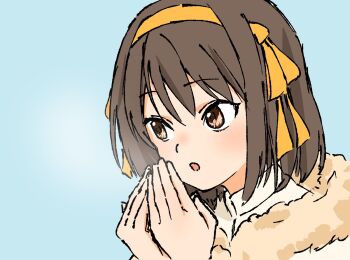  1girl :o blue_background breath brown_eyes brown_hair coat fur-trimmed_coat fur_trim hair_ribbon hairband highres ribbon simple_background solo suzumiya_haruhi suzumiya_haruhi_no_yuuutsu waka_849 white_coat yellow_hairband yellow_ribbon 