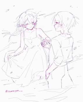  1boy 1girl alternate_costume arm_at_side bare_shoulders blunt_ends bow braid braided_bangs breasts casual cleavage closed_eyes closed_mouth collarbone contemporary couple cropped_legs curtsey double_bun dress facing_another falling_petals genshin_impact hair_bow hair_bun hair_ribbon hand_in_pocket hand_up happy hetero highres holding_hands light_blush monochrome oc_x_canon open_mouth original pants petals ribbon scaramouche_(genshin_impact) shirt short_hair sideways_mouth sketch small_breasts smile spaghetti_strap sundress swept_bangs twitter_username white_background yunhhj 